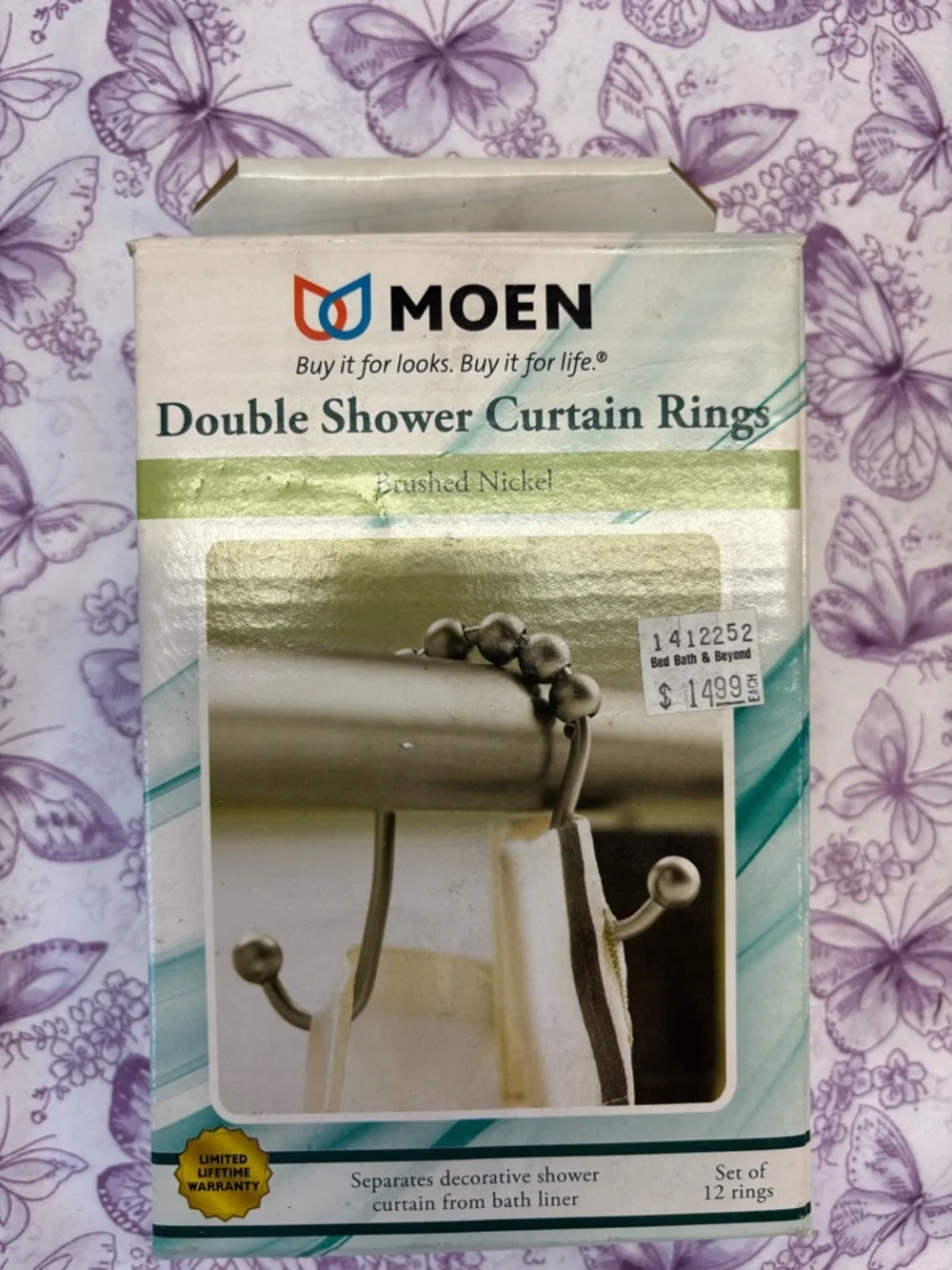 📍NIB Moen Brushed Nickel Double Shower Curtain Rings
